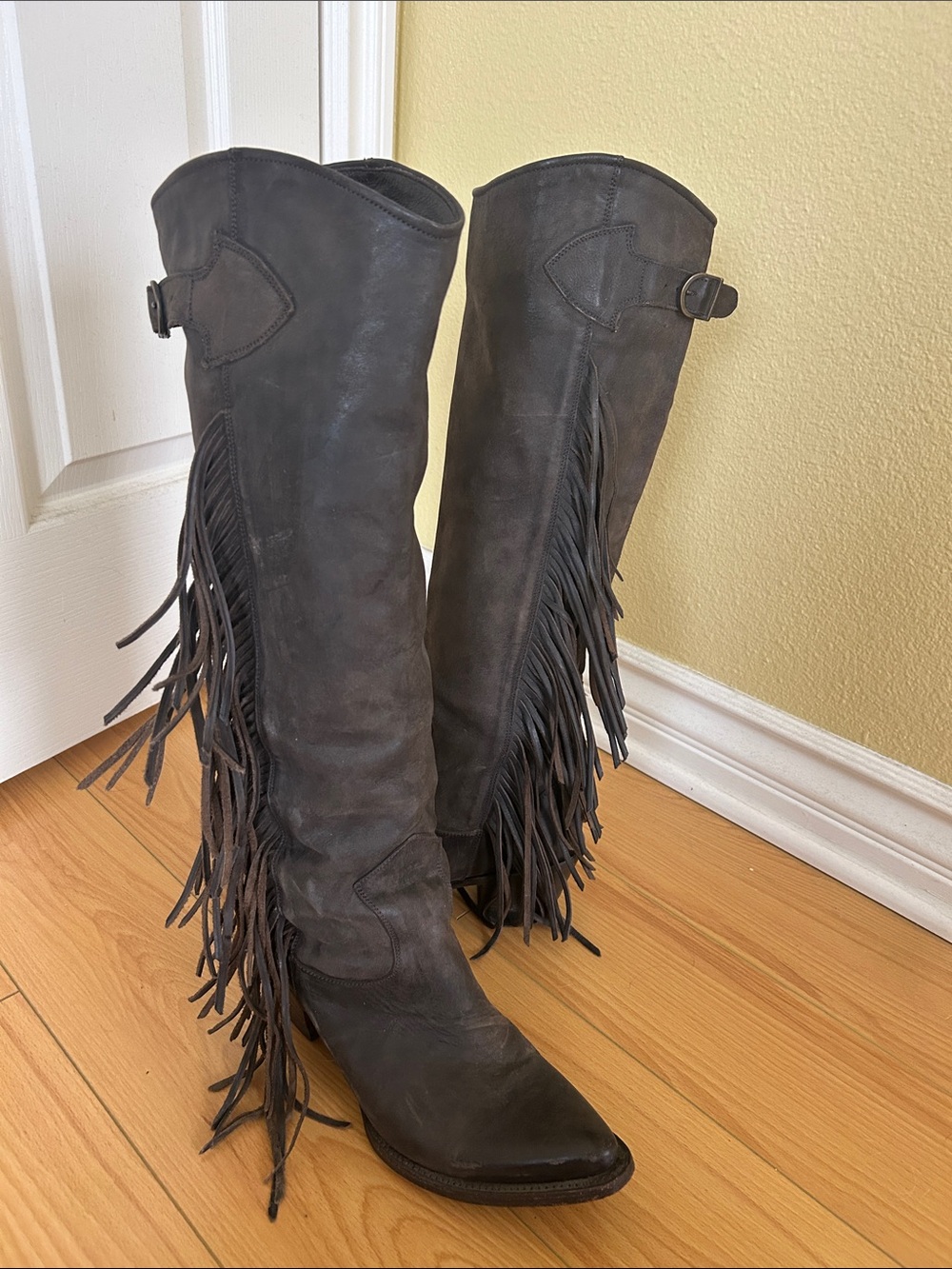 Women's A S H Handmade Leather DarkBrown/Gray Fringe Knee-High Boots